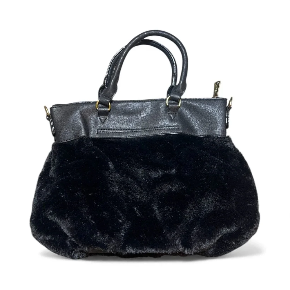 Juicy‎ Couture Black Faux Fur Satchel Handbag Gold Logo Detachable Strap Fluffy